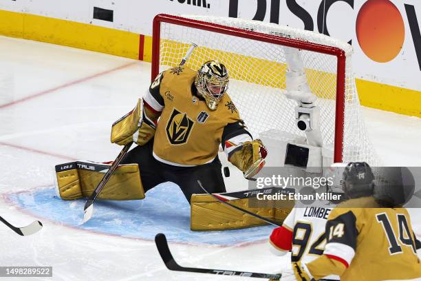 Adin Hill of the Vegas Golden Knights tends goal against the Florida Panthers during the third period in Game Five of the 2023 NHL Stanley Cup Final...
