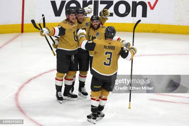 Ivan Barbashev of the Vegas Golden Knights celebrates a goal against the Florida Panthers with teammates Jack Eichel, Jonathan Marchessault and...