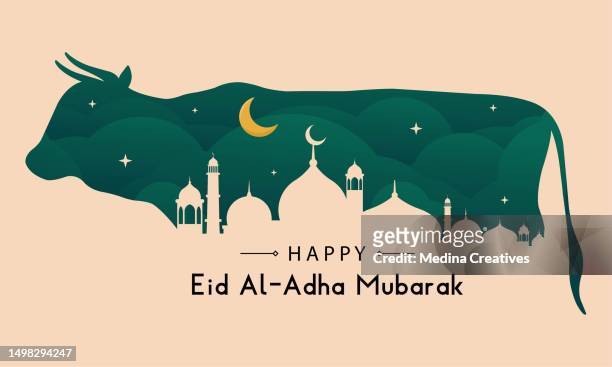 ilustrações de stock, clip art, desenhos animados e ícones de qurban in eid al adha mubarak with mosque, and cow as background. - eid sky