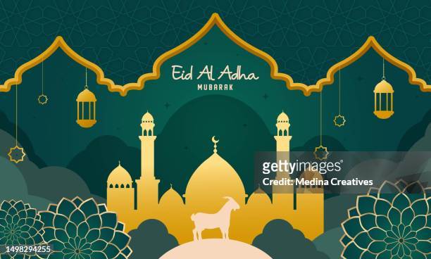 stockillustraties, clipart, cartoons en iconen met qurban in eid al adha mubarak with mosque, goat, and lanterns as background. - eid mubarak