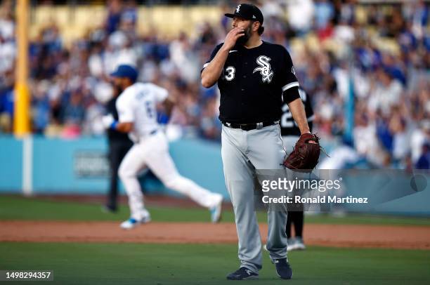 Lance Lynn of the Chicago White Sox after giving up a two-run home run against David Peralta of the Los Angeles Dodgers in the first inning at Dodger...
