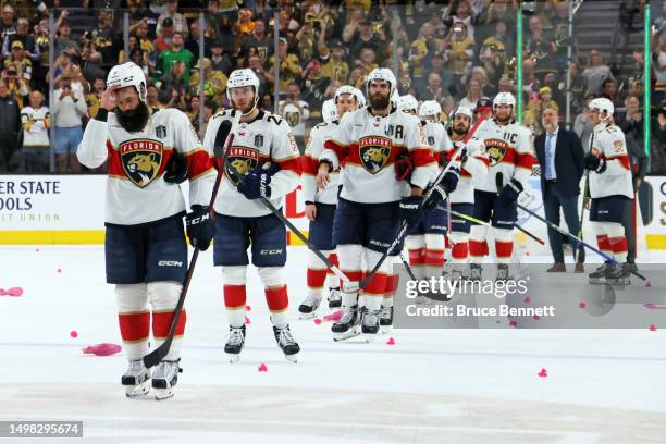 Members of the Florida Panthers react to a series loss to the Vegas Golden Knights in Game Five of the 2023 NHL Stanley Cup Final at T-Mobile Arena...