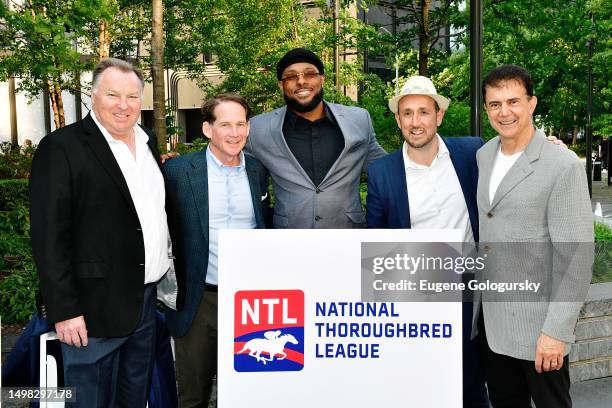 Tom Ludt, Bob Daugherty, Kayvon Thibodeaux, Randall Lane and Leonard Armato attend the unveiling of The National Thoroughbred League Team names,...