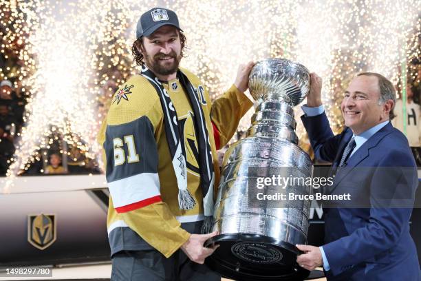 Commissioner Gary Bettman presents Mark Stone of the Vegas Golden Knights with the Stanley Cup after the Vegas Golden Knights defeated the Florida...