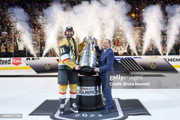 Commissioner Gary Bettman presents Mark Stone of the Vegas Golden Knights with the Stanley Cup after the Vegas Golden Knights defeated the Florida...