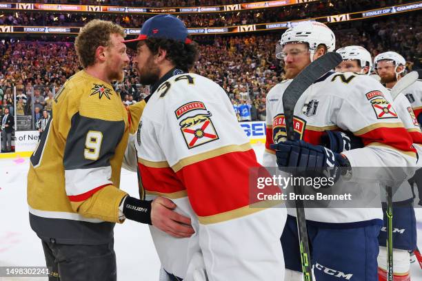 Jack Eichel of the Vegas Golden Knights shakes hands with Alex Lyon of the Florida Panthers after a championship win in Game Five of the 2023 NHL...