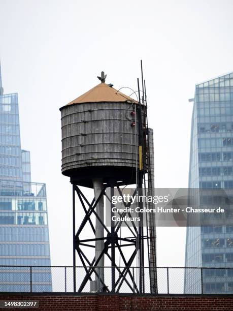 a patinated water tank on the top of a building in manhattan, new york state, united states - nyc watertower stock pictures, royalty-free photos & images