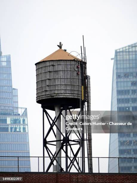 a patinated water tank on the top of a building in manhattan, new york state, united states - new york vacation rooftop stock pictures, royalty-free photos & images