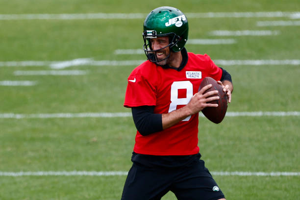 Quarterback Aaron Rodgers of the New York Jets during the teams OTAs at Atlantic Health Jets Training Center on June 9, 2023 in Florham Park, New...
