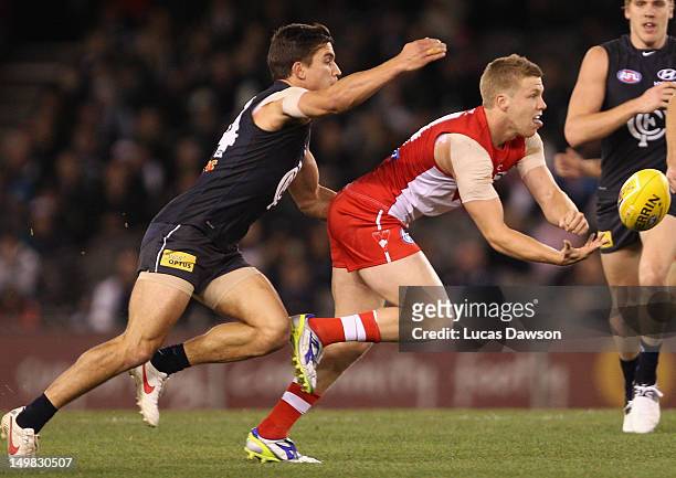 Daniel Hannebery of the Swans handballs the balll during the round 19 AFL match between the Carlton Blues and the Sydney Swans at Etihad Stadium on...