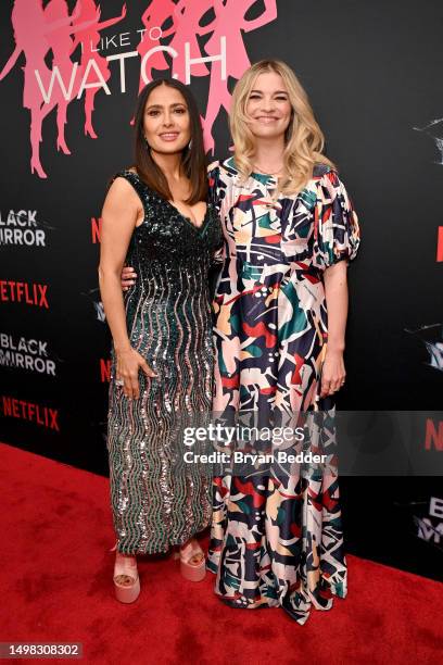 Salma Hayek and Annie Murphy attend I Like to Watch LIVE with Trixie Mattel & Katya presenting Black Mirror Season 6 episode 'Joan is Awful' at The...