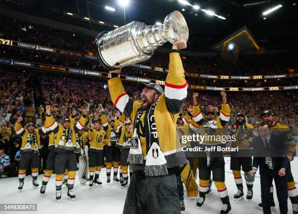 Mark Stone of the Vegas Golden Knights celebrates with the Stanley Cup after a 9-3 victory against the Florida Panthers in Game Five of the 2023 NHL...