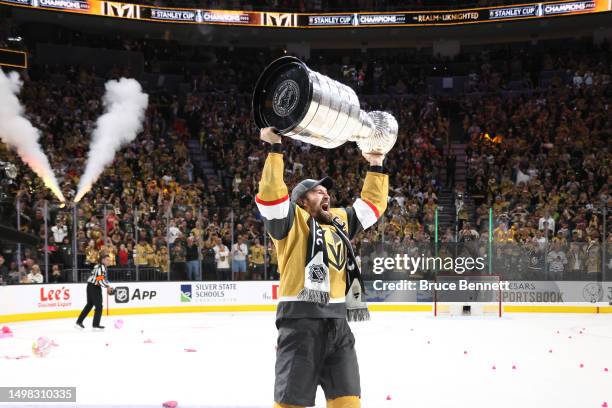 Mark Stone of the Vegas Golden Knights skates with the Stanley Cup following victory over the Florida Panthers in Game Five of the 2023 NHL Stanley...