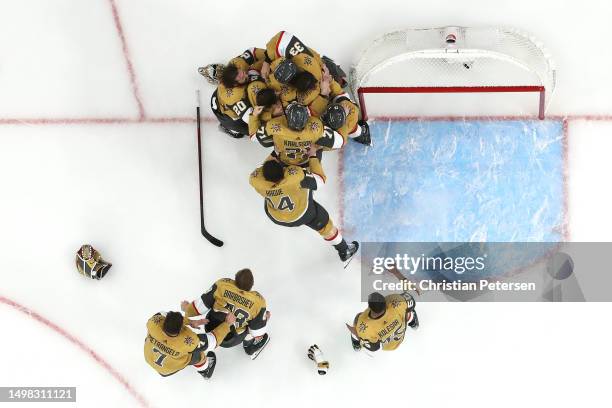 Members of the Vegas Golden Knights celebrate after winning the championship against the Florida Panthers in Game Five of the 2023 NHL Stanley Cup...