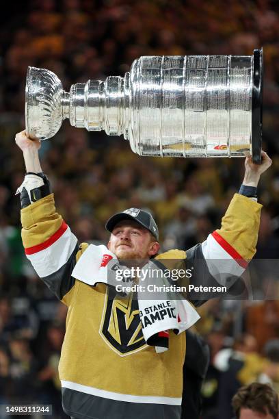 Jack Eichel of the Vegas Golden Knights skates with the Stanley Cup following victory over the Florida Panthers in Game Five of the 2023 NHL Stanley...