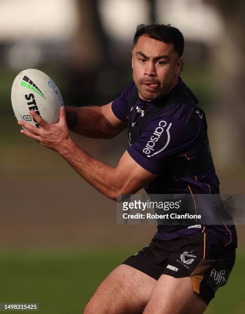 Jahrome Hughes of the Storm runs with the ball during a Melbourne Storm training session at Gosch's Paddock on June 14, 2023 in Melbourne, Australia.
