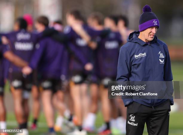 Melbourne Storm coach, Craig Bellamy looks on during a Melbourne Storm training session at Gosch's Paddock on June 14, 2023 in Melbourne, Australia.