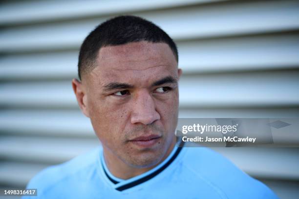 Tyson Frizell of the Blues poses during a New South Wales Blues State of Origin training session at Coogee Oval on June 14, 2023 in Sydney, Australia.