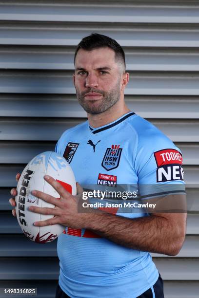 James Tedesco of the Blues poses during a New South Wales Blues State of Origin training session at Coogee Oval on June 14, 2023 in Sydney, Australia.