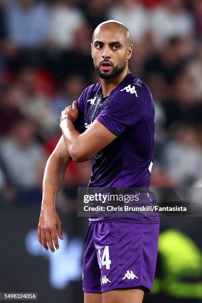 Sofyan Amrabat of Fiorentina looks on during the UEFA Europa Conference League 2022/23 final match between ACF Fiorentina and West Ham United FC at...