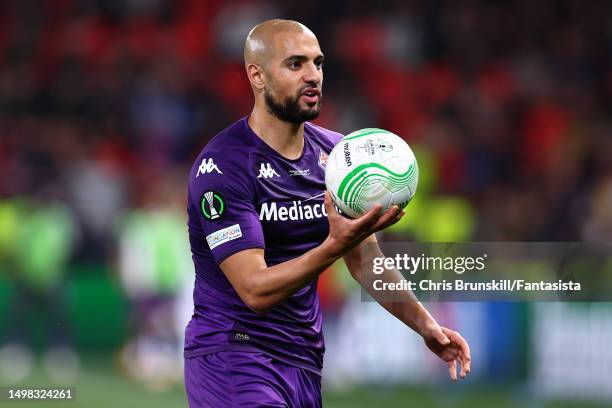 Sofyan Amrabat of Fiorentina looks on during the UEFA Europa Conference League 2022/23 final match between ACF Fiorentina and West Ham United FC at...