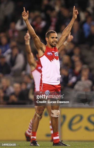 Lewis Jetta of the Swans celebrates a goal during the round 19 AFL match between the Carlton Blues and the Sydney Swans at Etihad Stadium on August...
