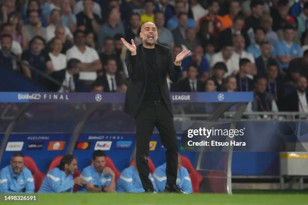 Manchester City head coach Josep Guardiola gestures during the UEFA Champions League 2022/23 final match between FC Internazionale and Manchester...