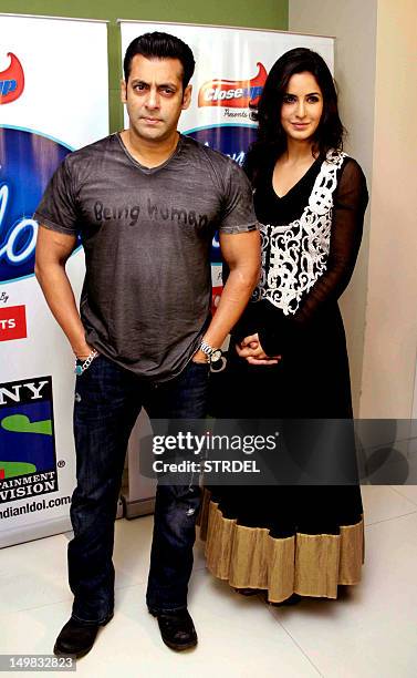 Indian Bollywood actors Salman Khan and Katrina Kaif pose for a promotional event for the forthcoming Hindi film Ek Tha Tiger in Mumbai on August 4,...