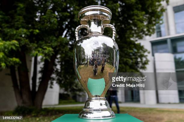 Trophy is seen prior the German Chancellor Olaf Scholz receives the delegation ahead of Germany's hosting the UEFA Euro 2024 football championship at...