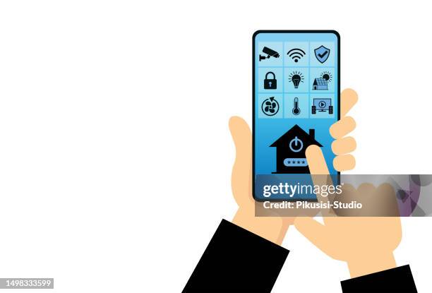 smart home mobile app with control system. smart home connected and control with technology devices through internet network. home security concept. - security control room stock illustrations