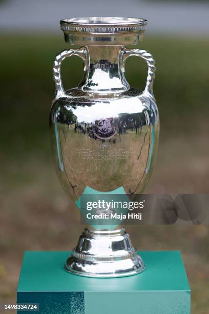 Trophy is seen prior the German Chancellor Olaf Scholz receives the delegation ahead of Germany's hosting the UEFA Euro 2024 football championship at...