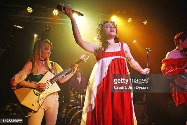 Guitarist Emily Roberts and singer Abigail Morris of The Last Dinner Party perform at Oslo, Hackney on June 13, 2023 in London, England.