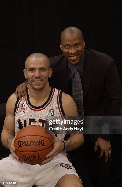 Jason Kidd of the New Jersey Nets poses with New Jersey Nets head coach Byron Scott prior to the 2002 NBA All-Star game at the First Union Center...