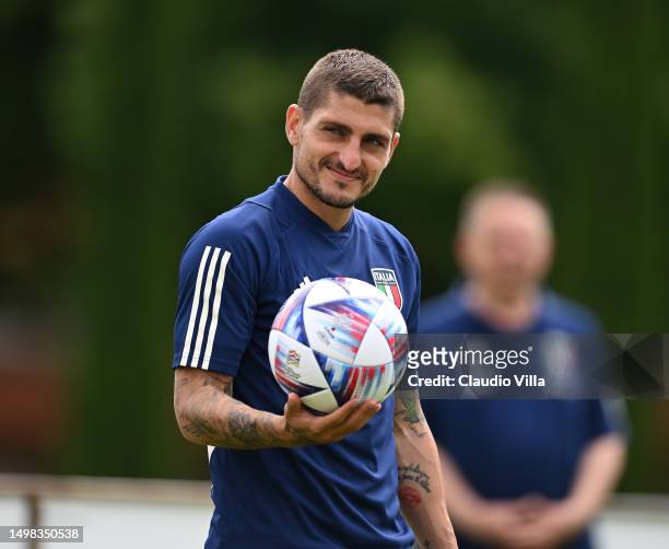 Marco Verratti of Italy warms up during an Italy Training Session during the UEFA Nations League 2022/23 at Centro Tecnico di Coverciano on June 14,...