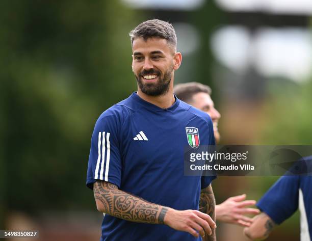 Leonardo Spinazzola of Italy warms up during an Italy Training Session during the UEFA Nations League 2022/23 at Centro Tecnico di Coverciano on June...