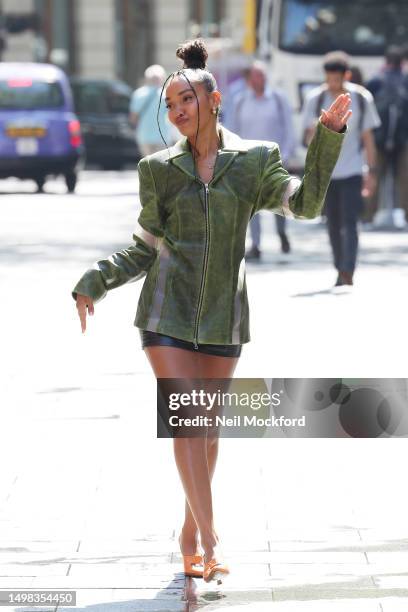 Leigh-Anne Pinnock arrives at Global Radio Studios on June 14, 2023 in London, England.