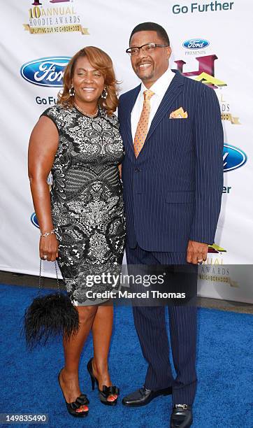 Judge Greg Mathis and wife Linda Reese Mathis walk the blue carpet at the 10th Annual Ford Hoodie Awards at MGM Garden Arena on August 4, 2012 in Las...