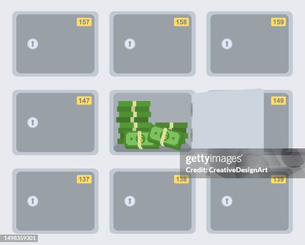 safe deposit boxes to store valuables at a bank. open safe deposit box with money - safety deposit box stock illustrations