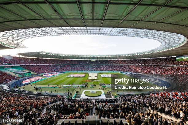 General view of the stadium whilst RB Leipzig and Eintracht Frankfurt players line up on the pitch prior to the DFB Cup final match between RB...