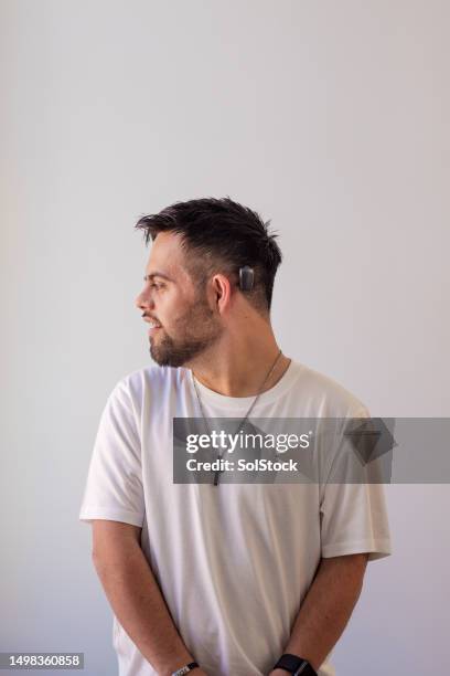 life changing technology - down syndrome adult portrait stock pictures, royalty-free photos & images