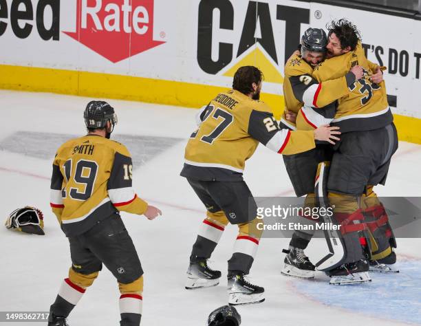 Reilly Smith, Shea Theodore, Brayden McNabb and Adin Hill of the Vegas Golden Knights celebrate as time expires in the team's 9-3 victory over the...