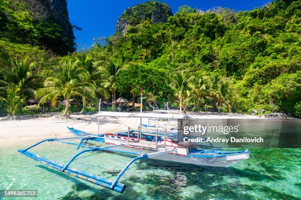 traditional filipino boat on white sandy beach with palm trees in el nido, philippines. - luzon stock pictures, royalty-free photos & images