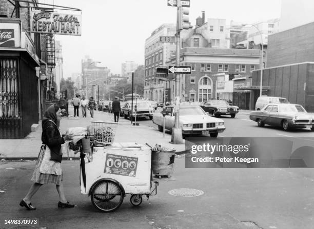 Woman pushing a cart selling Marino's Real Italian Ices, with a basket of pretzels on top, at Second Avenue and East 13th Street, in the Greenwich...