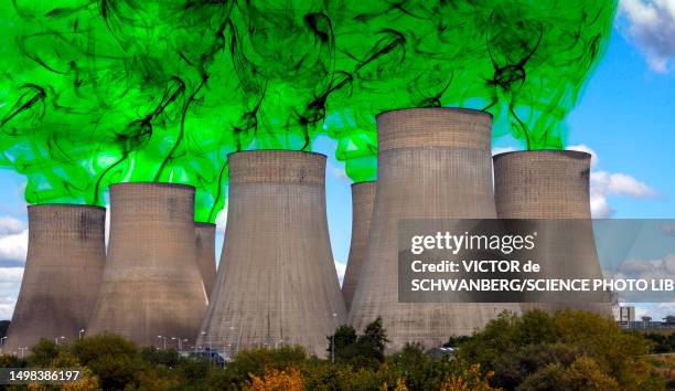 greenwashing, conceptual composite image - cooling tower stock pictures, royalty-free photos & images