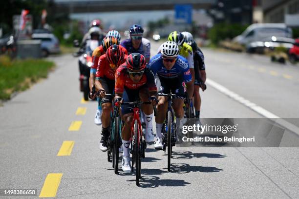 Jhonnatan Narvaez of Ecuador and Team INEOS Grenadiers and Kristian Sbaragli of Italy and Team Alpecin-Deceuninck compete in the breakaway during the...