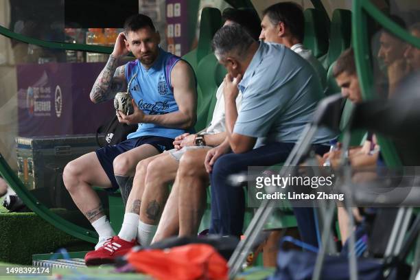 Lionel Messi of Argentina looks on before during a training session ahead of 2023 International Football Invitation match between Argentina and...