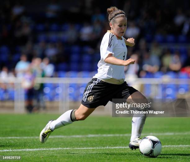 Nicloe Rolser of Germany is scoring her teams fifth goal during the women's U20 international friendly match between Germany and Sweden at stadium...