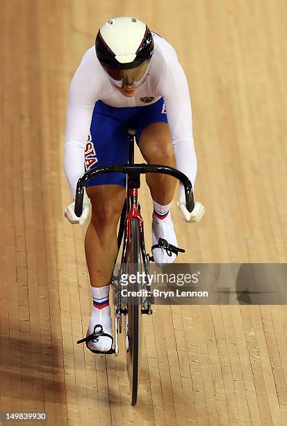 Ekaterina Gnidenko of Russia competes during the Women's Sprint Track Cycling Qualifying on Day 9 of the London 2012 Olympic Games at Velodrome on...