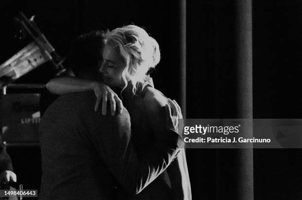 Alejandro Amenabar hugs Belen Rueda at backstage during the opening ceremony of Alicante Film Festival 2023 at Teatro Principal on June 03, 2023 in...