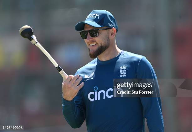 England coach Brendon McCullum smiles during England nets ahead of the Ashes Series against Australia at Edgbaston on June 14, 2023 in Birmingham,...